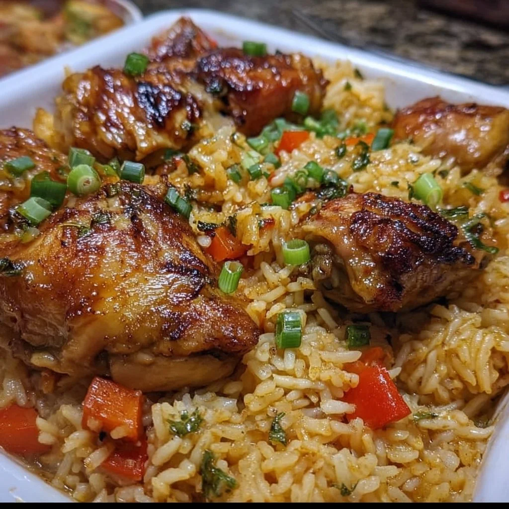 Savory Caribbean Chicken served with fragrant rice and colorful vegetables
