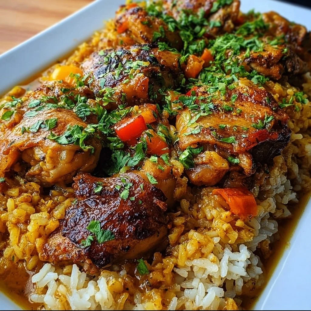 Delicious Caribbean chicken served over a bed of aromatic rice.