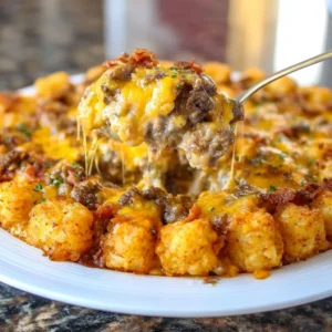 Cheeseburger Tater Tot Casserole topped with melted cheese and crispy tater tots