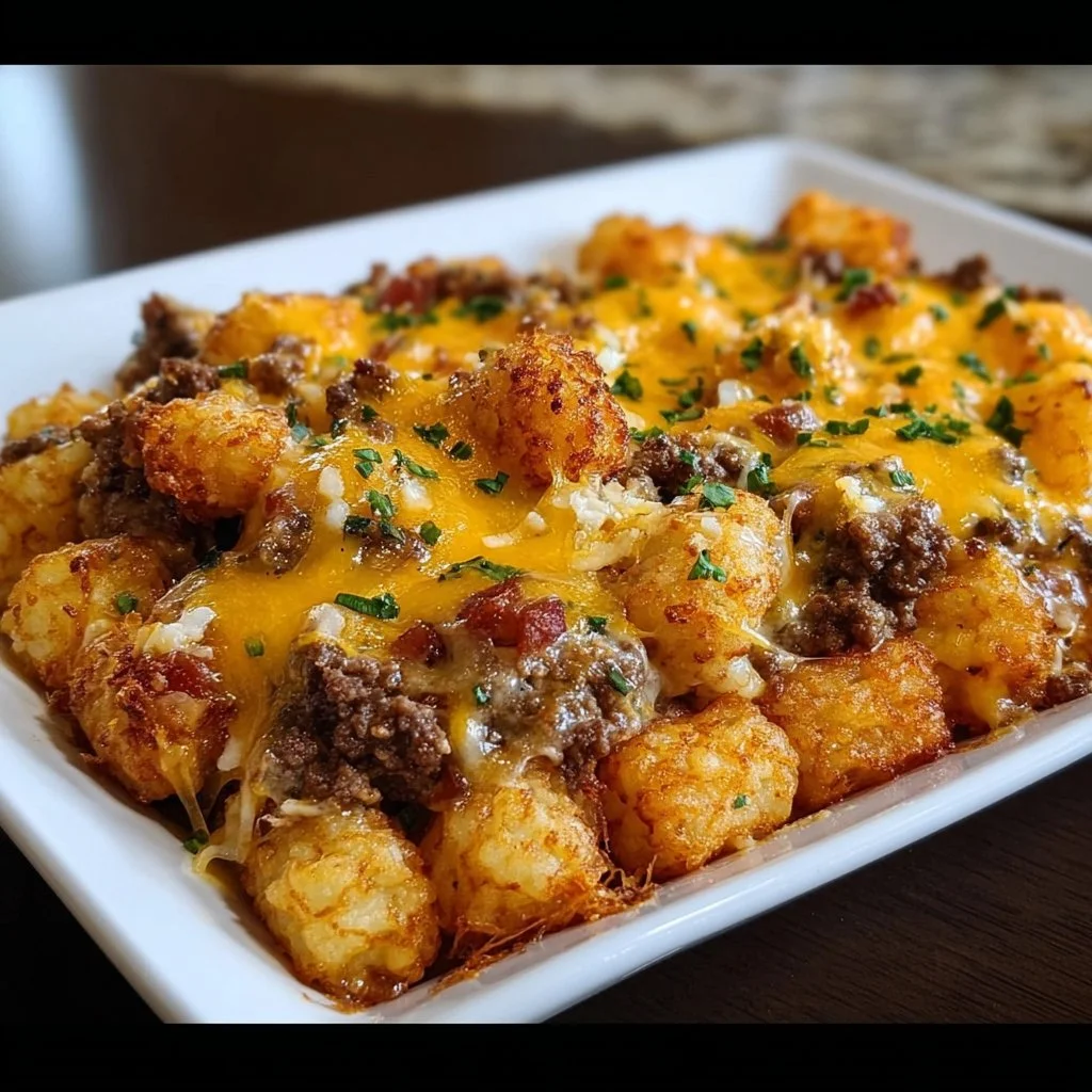Delicious Cheeseburger Casserole topped with crispy tater tots