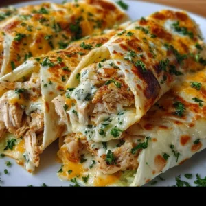 Cheesy garlic chicken wraps served in a fresh tortilla with toppings
