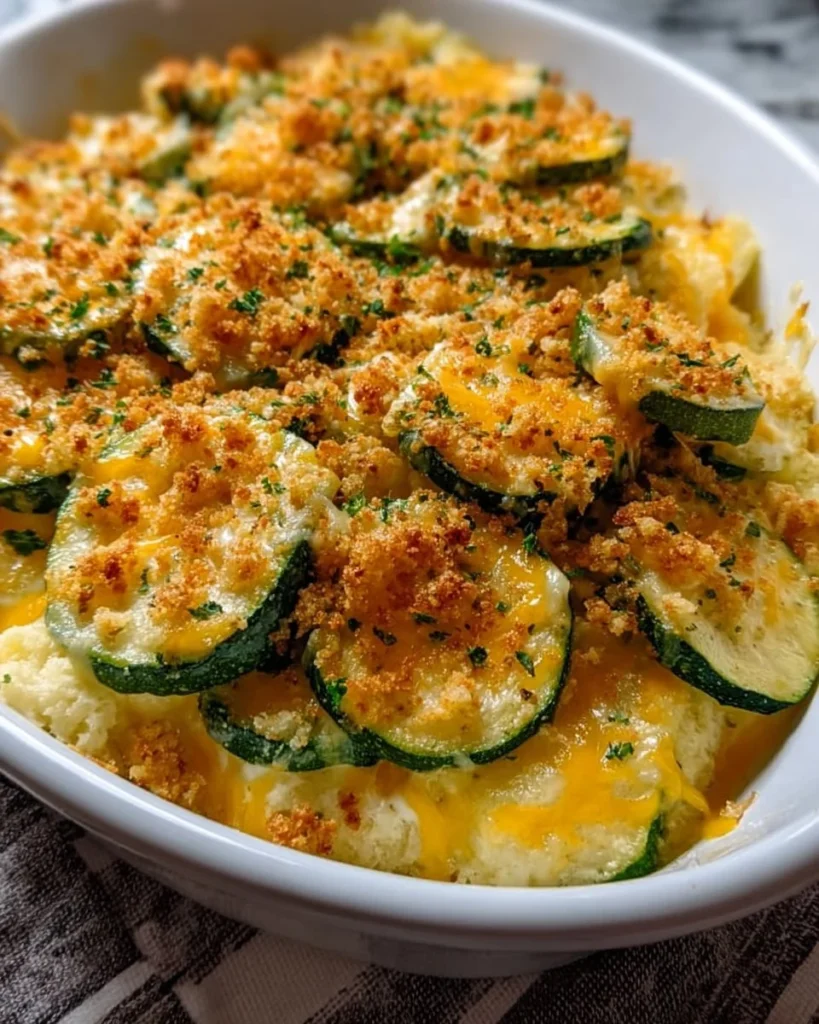 Cheesy Southern Squash Casserole served in a dish, garnished and bubbling hot.