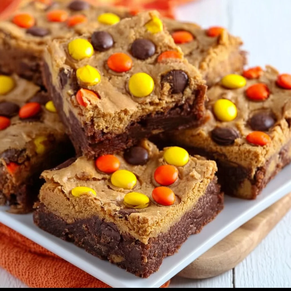 Chewy REESE'S PIECES Peanut Butter Brownies with chocolate and peanut butter topping