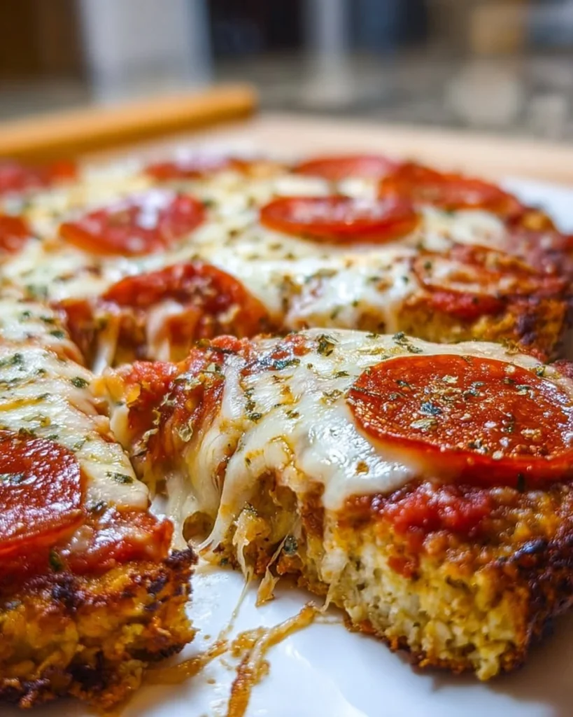 Delicious chicken crust pizza topped with pepperoni and cheese