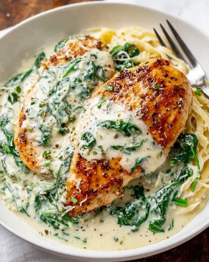 Delicious Chicken Florentine with spinach and creamy sauce served on a plate.
