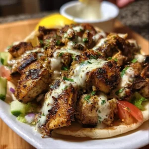 Chicken shawarma served with garlic sauce on a wooden platter