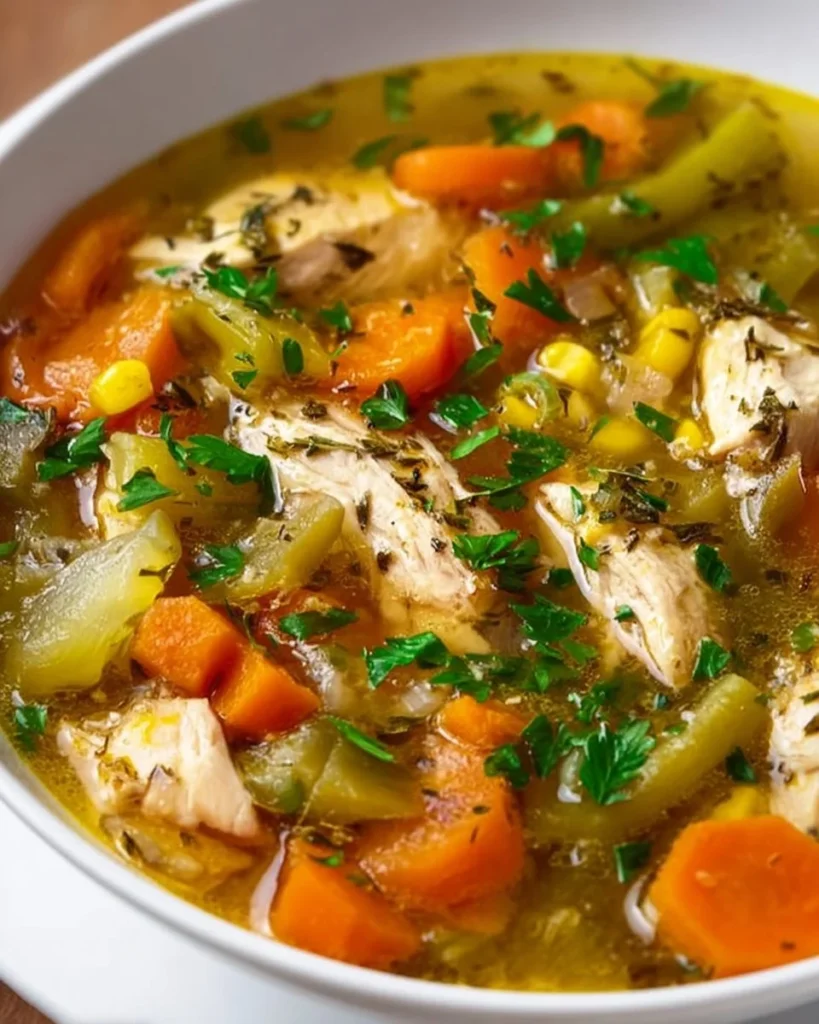 Bowl of homemade Chicken Vegetable Soup with colorful vegetables and chicken pieces.