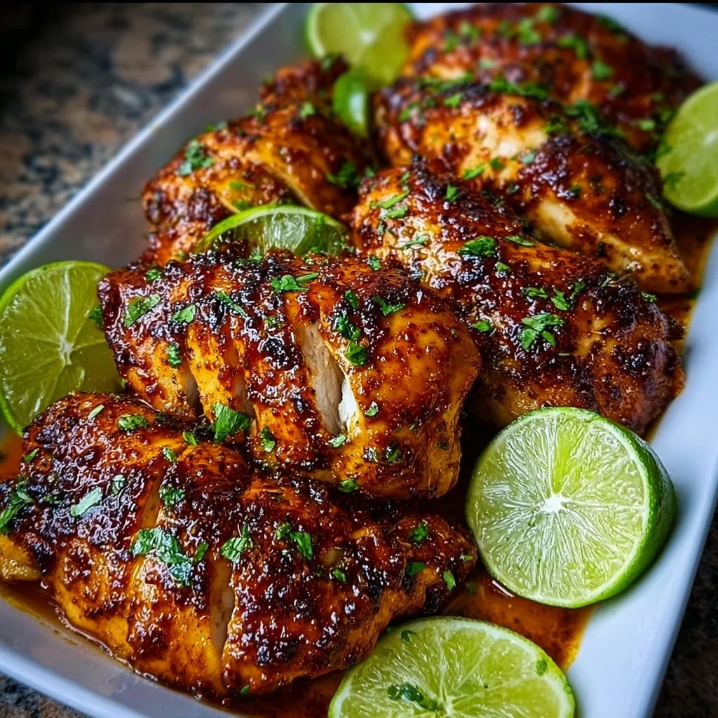 Grilled Chili Lime Chicken garnished with fresh herbs and lime slices.