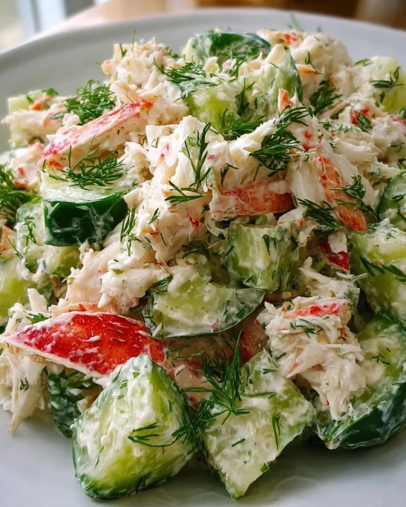 Chilled Cucumber Crab Salad served in a bowl with fresh garnishes