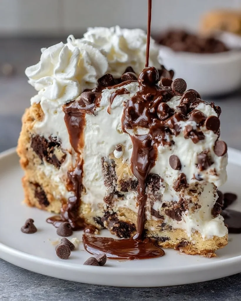 Delicious Chocolate Chip Cookie Ice Cream Cake with layers of ice cream and cookie