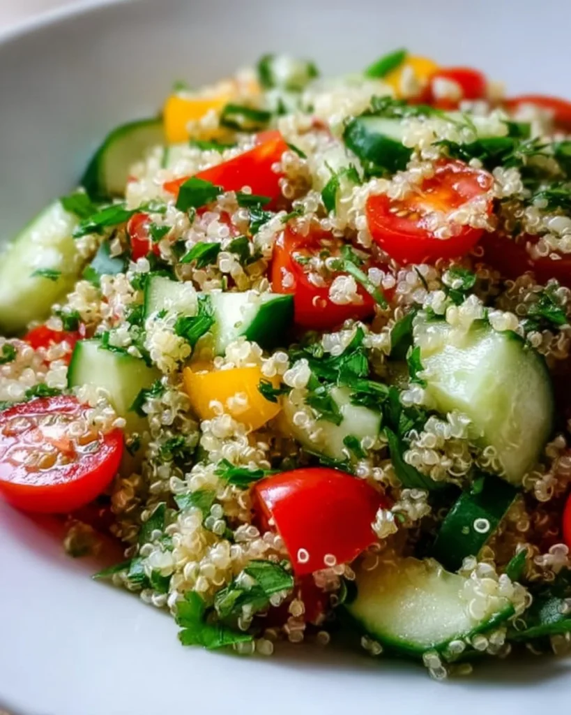A vibrant bowl of Cilantro Lime Quinoa Salad with fresh ingredients and herbs.