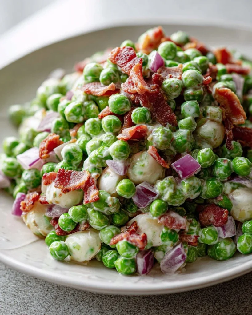 Cold pea salad with bacon served in a bowl, garnished with fresh herbs