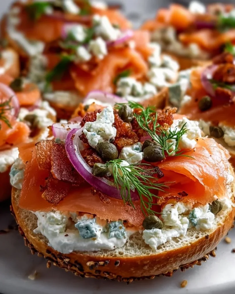 Cottage cheese bagels topped with salmon on a wooden cutting board.