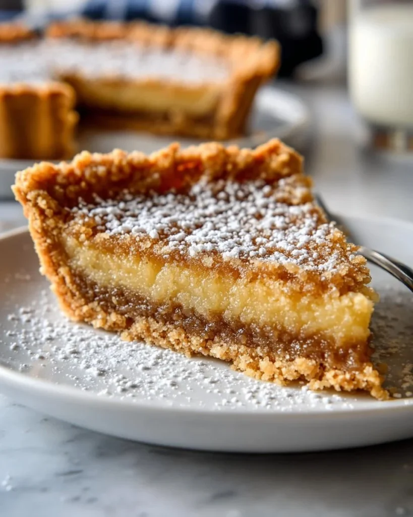 A slice of Crack Pie served on a white plate, showcasing its creamy texture and golden crust.