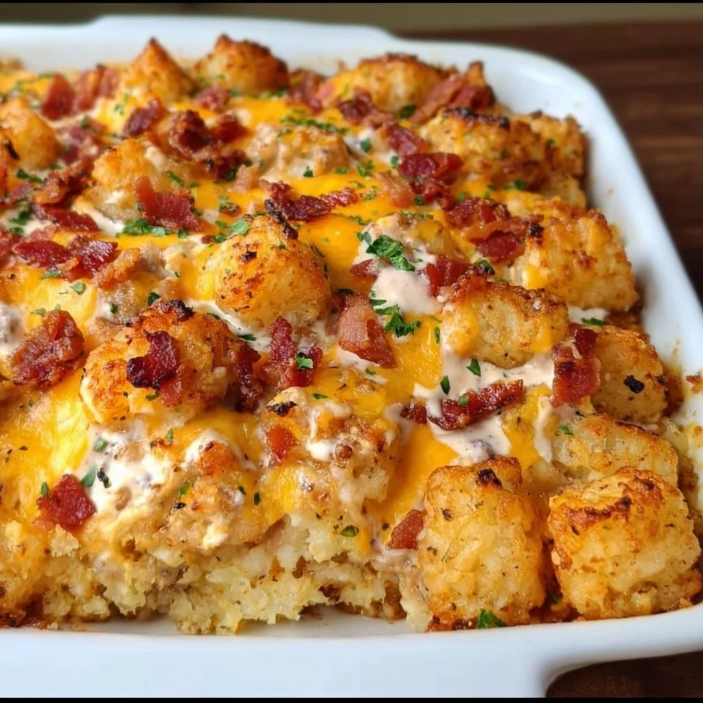 Delicious Cracked Out Chicken Tater Tot Casserole topped with crispy tater tots