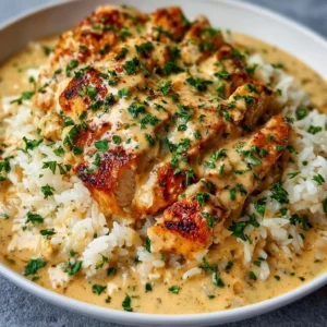 Creamy chicken and rice dish served in a bowl, garnished with herbs.