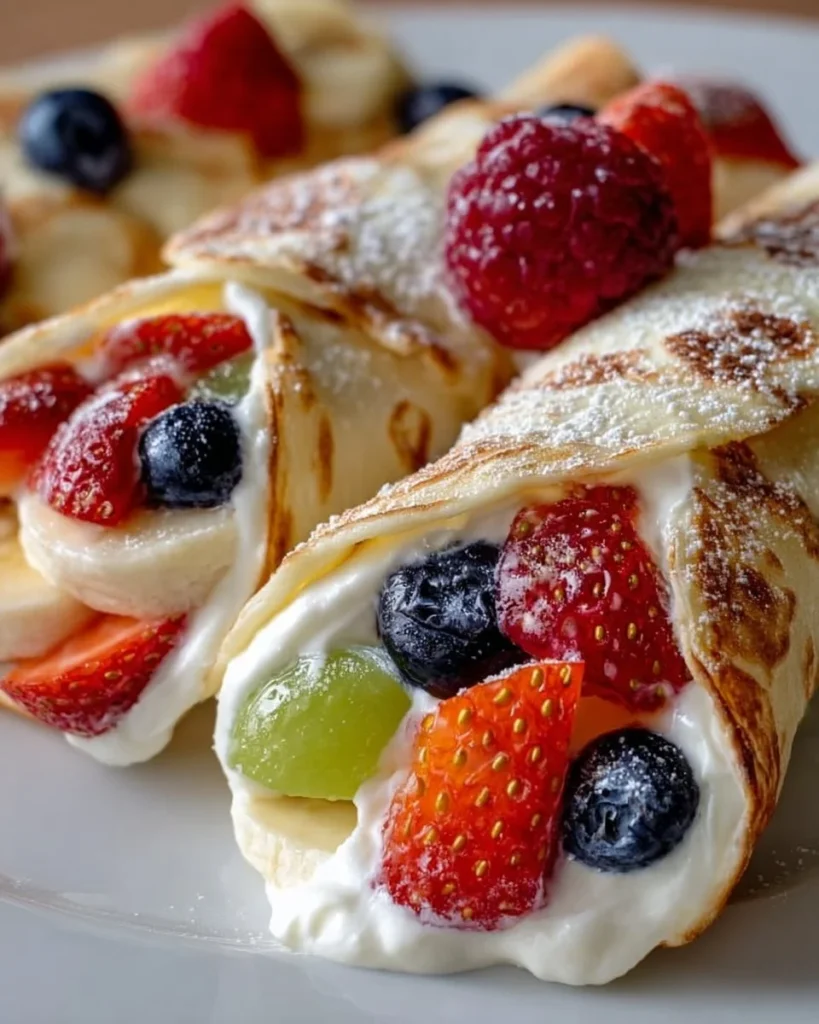 Delicious creamy fruit salad rollups filled with fresh fruits
