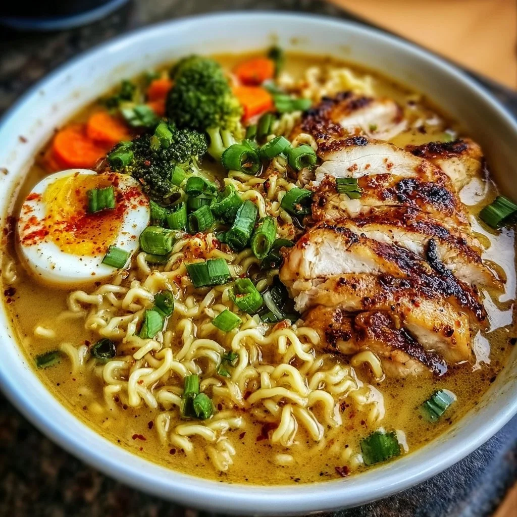 Delicious creamy garlic chicken ramen in a bowl with fresh herbs and vegetables.