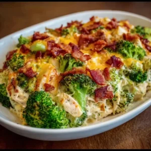 Creamy low carb chicken casserole with broccoli and bacon served in a dish