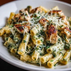 Creamy pesto chicken pasta served in a bowl with fresh basil