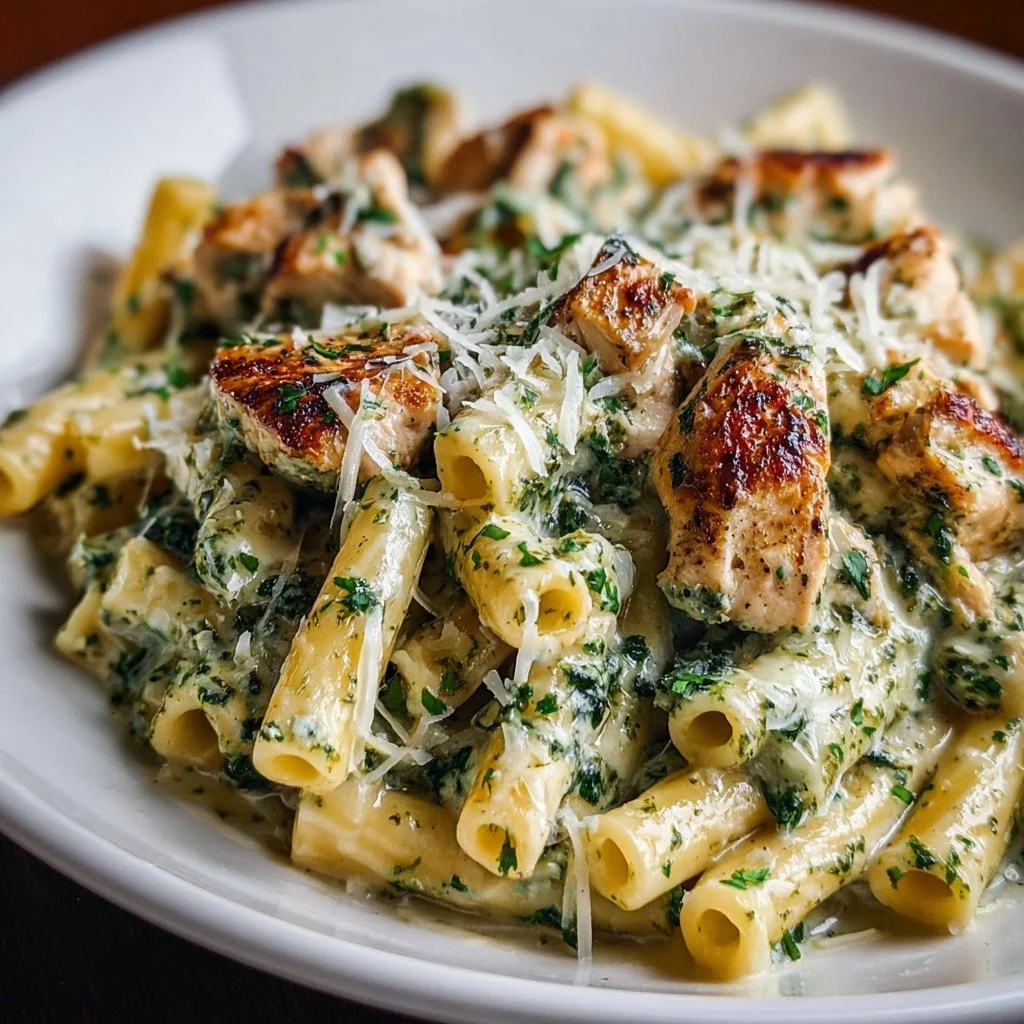Creamy pesto chicken pasta served in a bowl with fresh basil