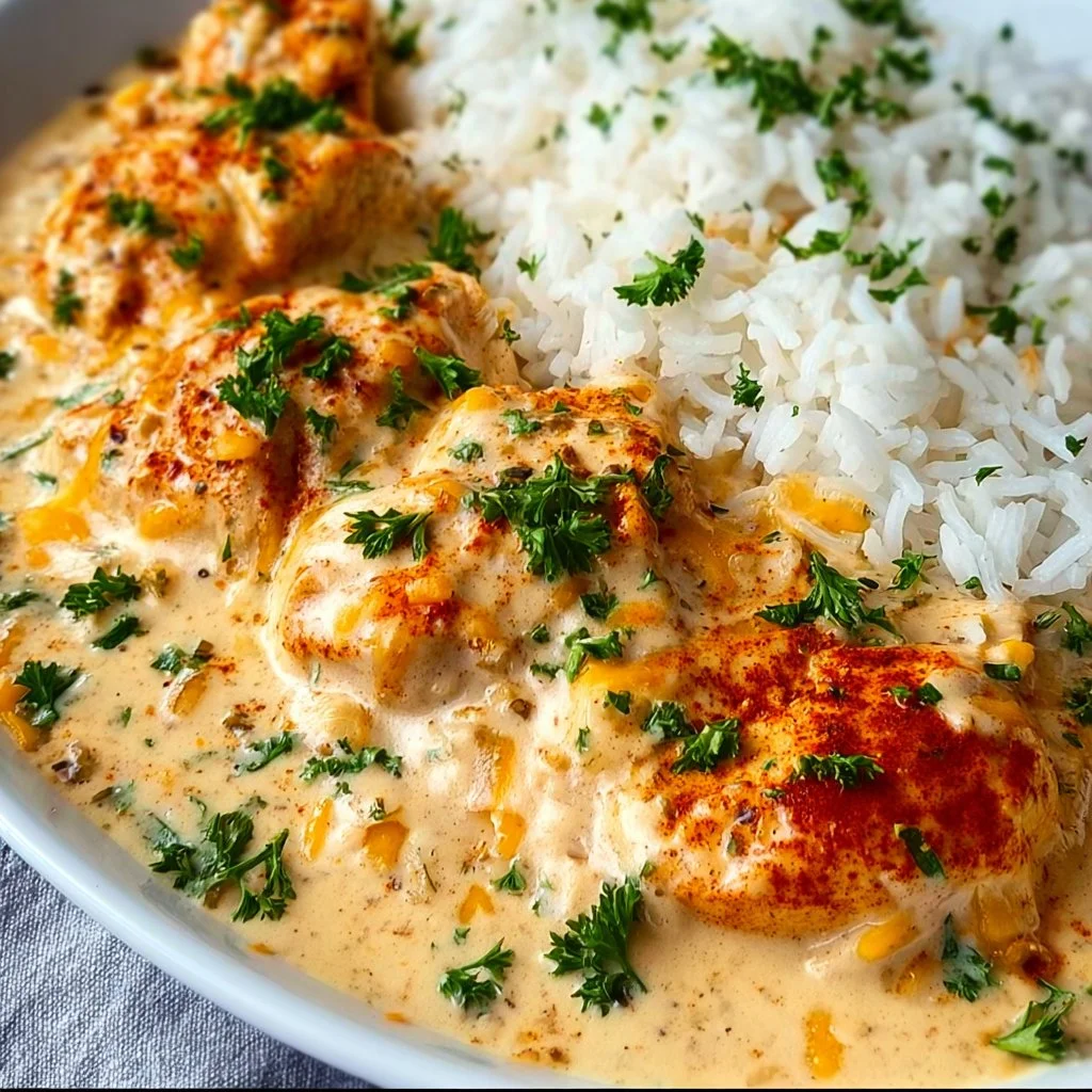 Creamy smothered chicken served over fluffy rice in a skillet