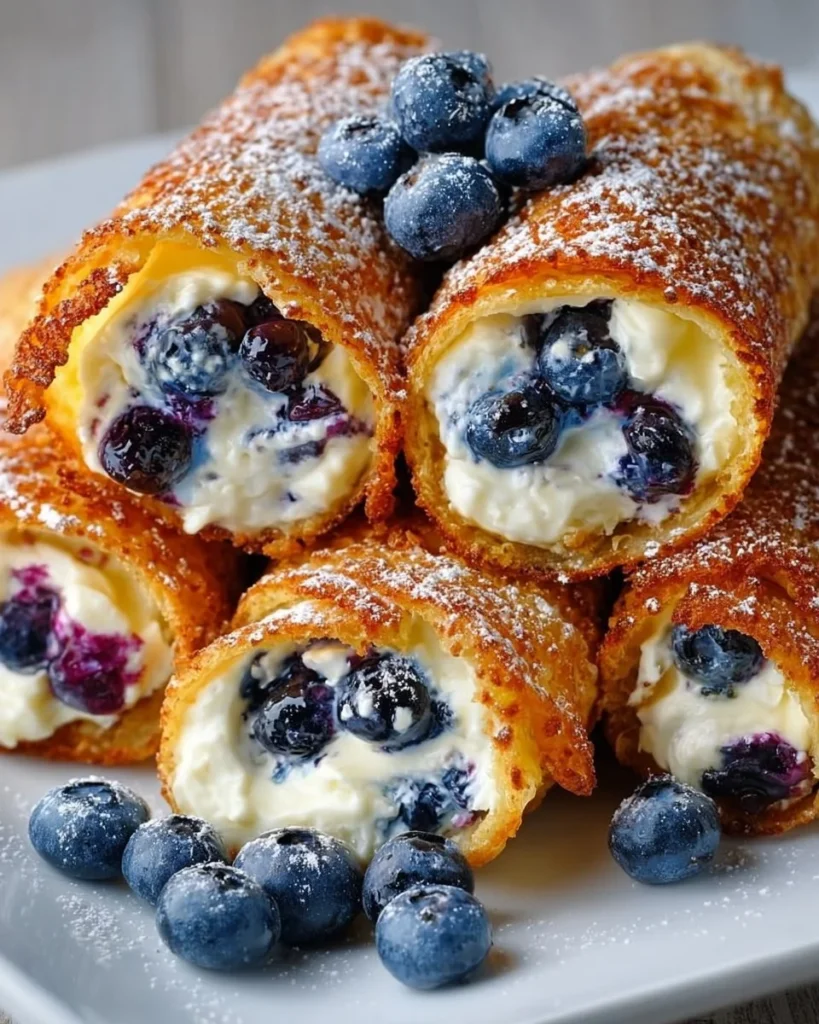 Crispy keto blueberry cream cheese roll-ups on a plate