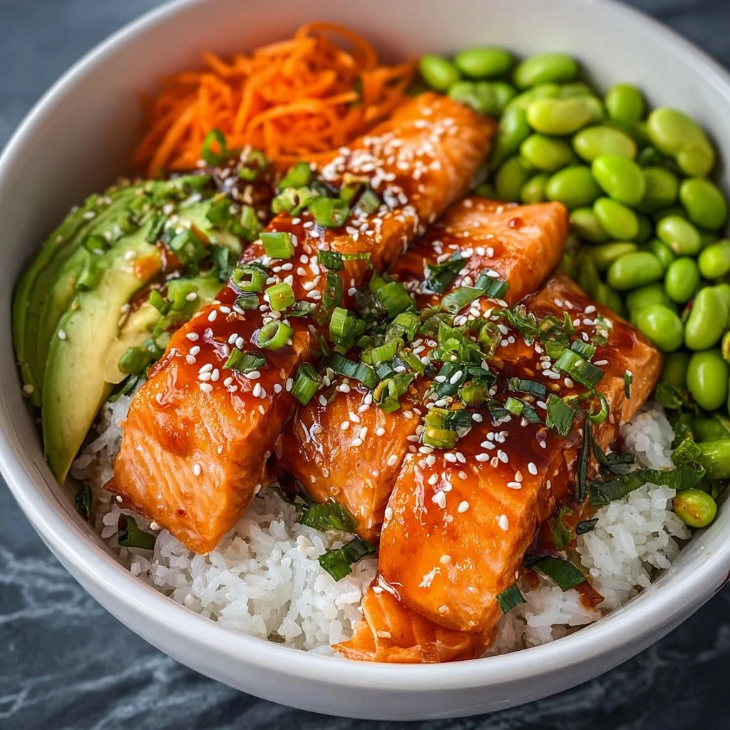 Crispy Salmon served in a bowl with rice and fresh vegetables