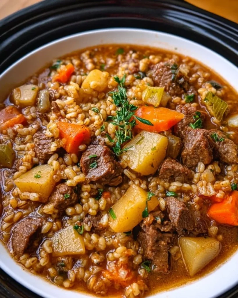 Crockpot beef barley soup served in a bowl with garnishes