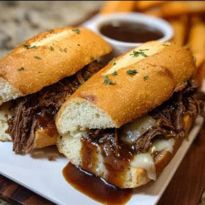 Delicious Crockpot French Dip Sandwiches served with au jus for dipping.