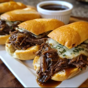 Crockpot French Dip Sandwiches with au jus dip on a wooden table