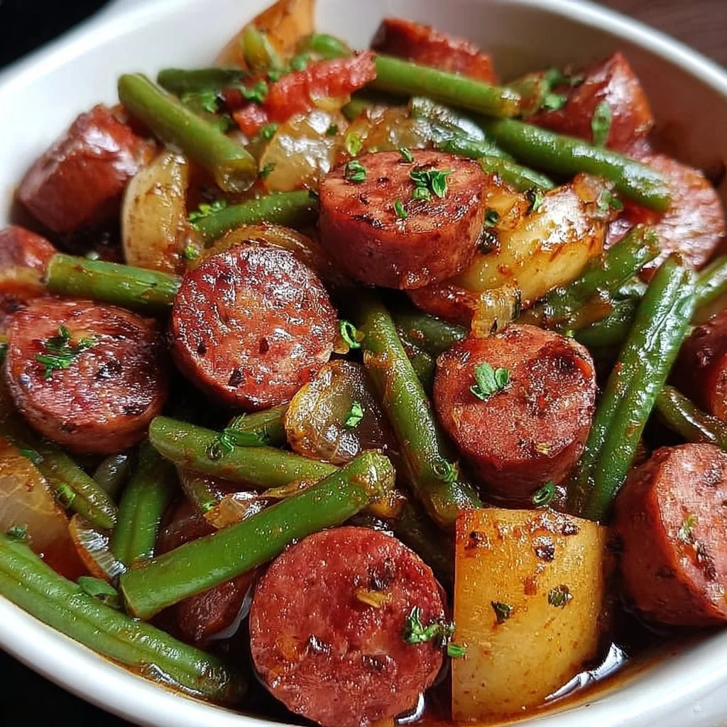 A delicious bowl of Crockpot Kielbasa and Green Beans ready to serve.