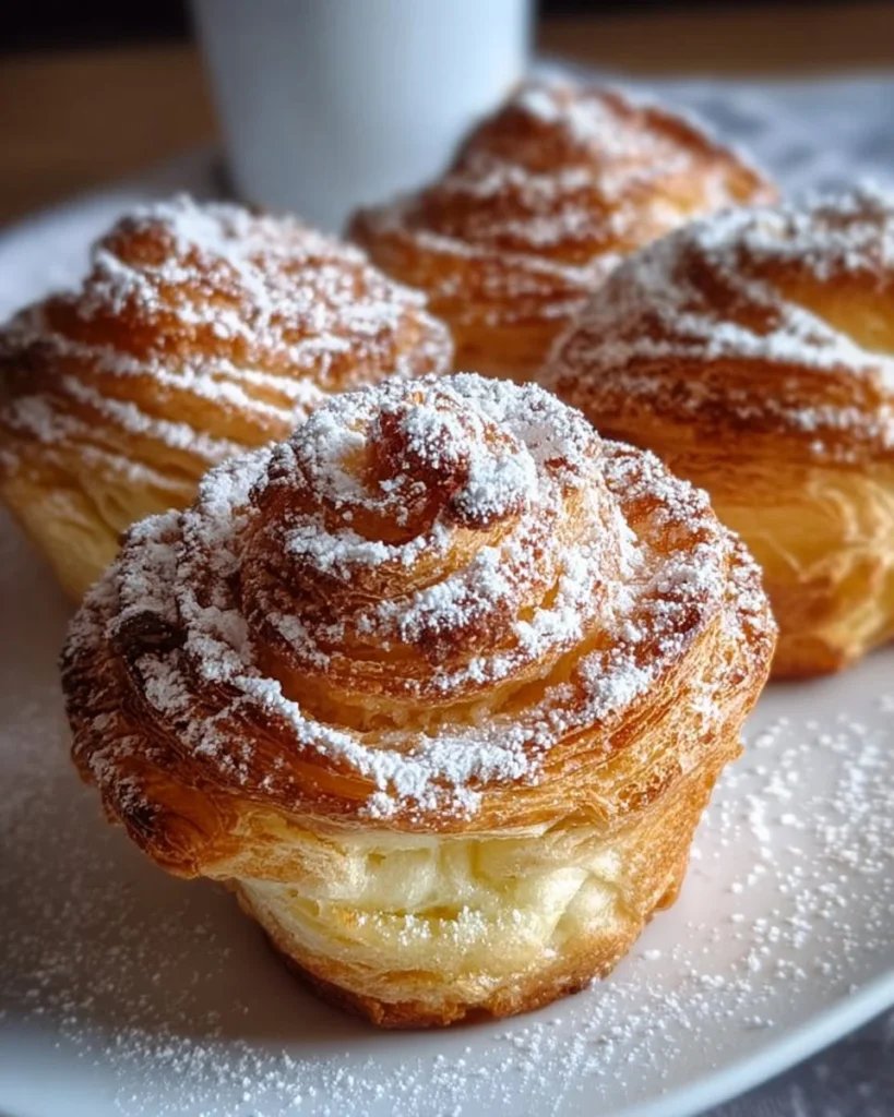 Homemade delicious cruffins filled with cream and topped with sugar.