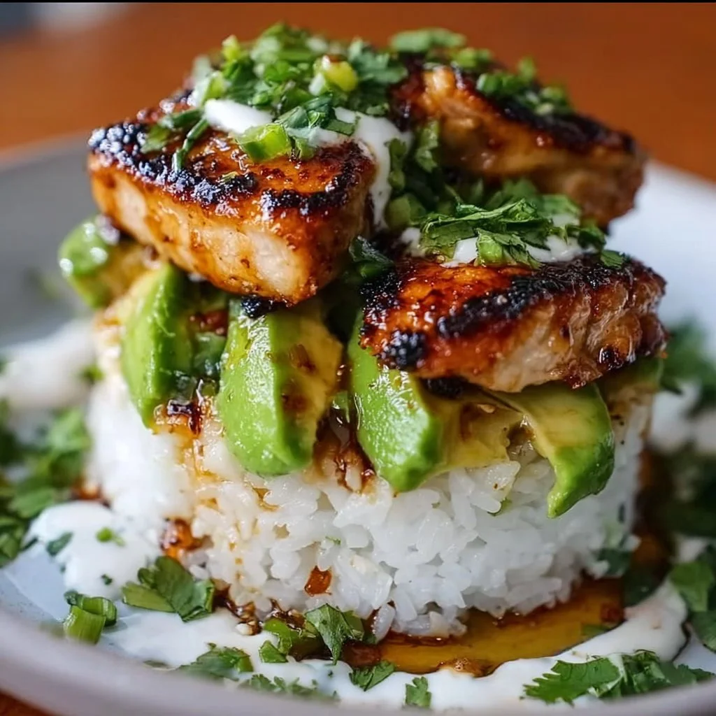 Delicious Honey Lime Chicken served over Avocado Rice Stack