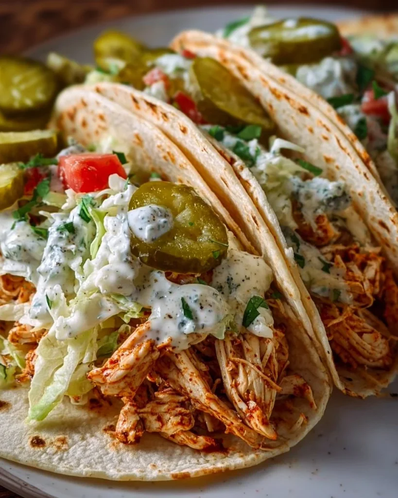 Dill Pickle Ranch Chicken Tacos served on a plate with fresh toppings
