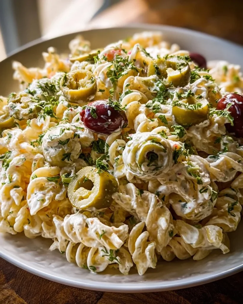 Delicious Dirty Martini Pasta Salad with olives and pasta ingredients