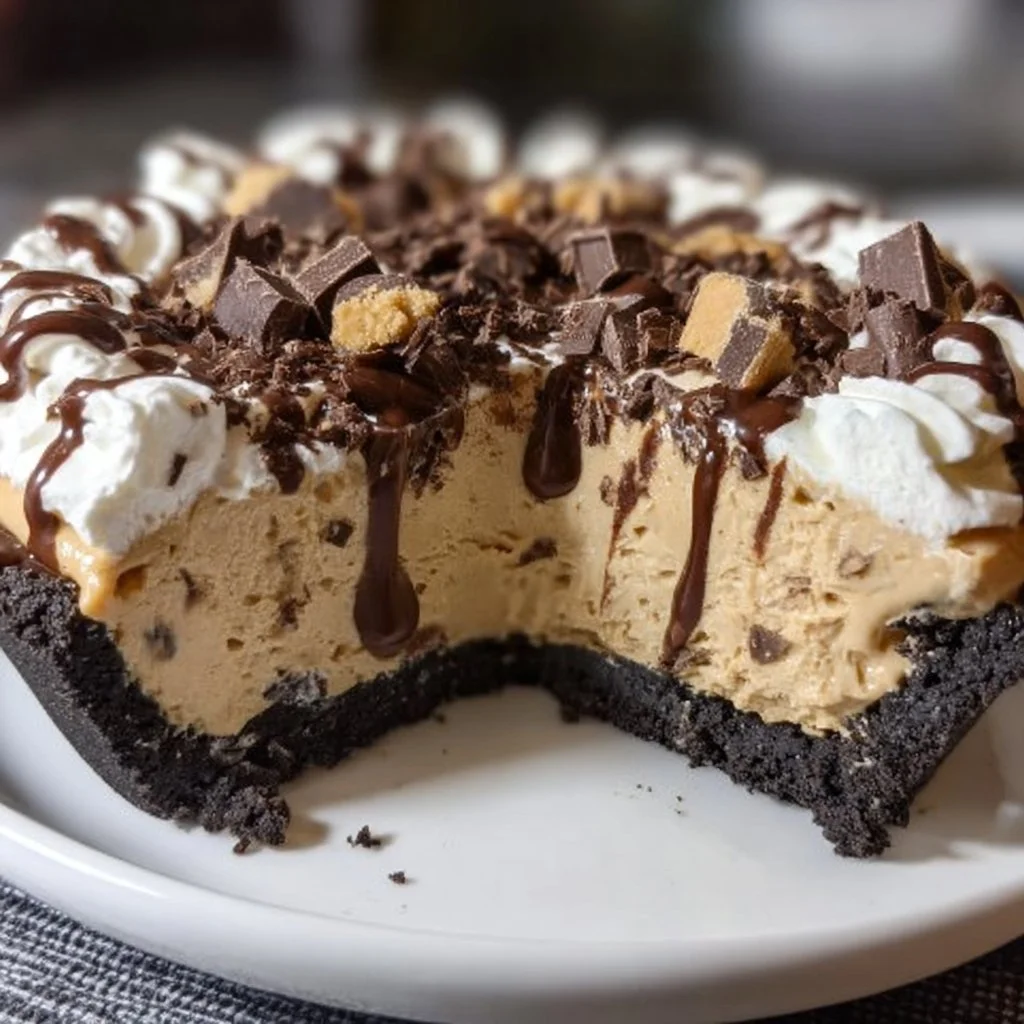 Deliciously creamy dreamy peanut butter pie with chocolate topping