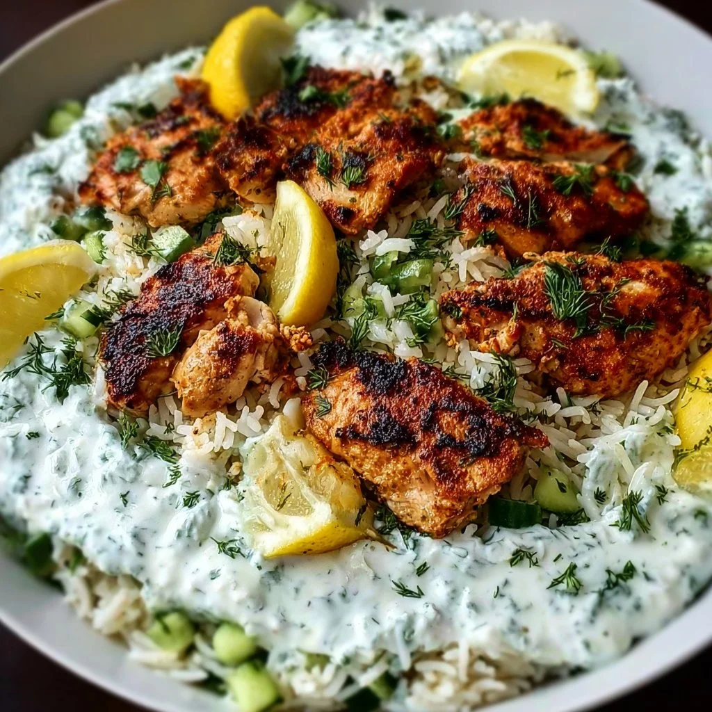 Baked chicken tzatziki rice in a baking dish topped with herbs.