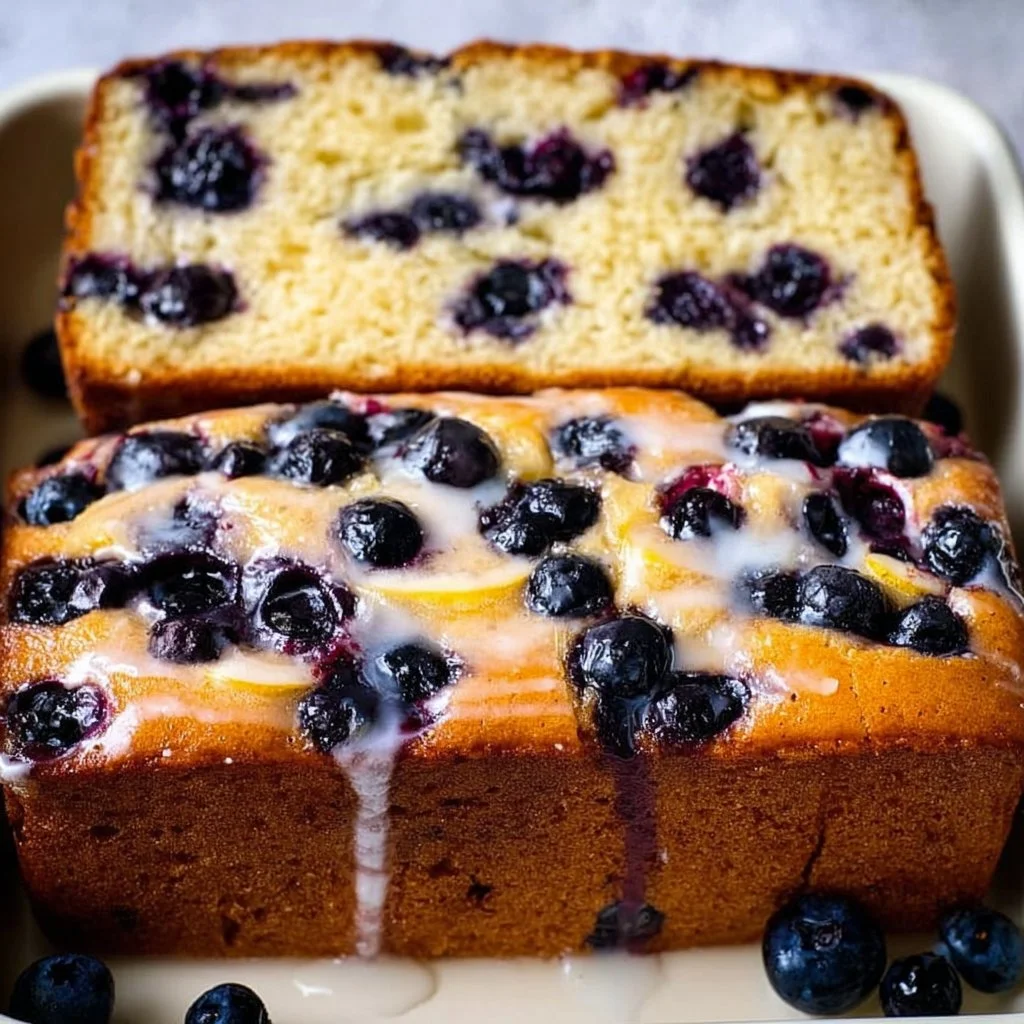 Slice of easy lemon blueberry bread with lemon glaze on a plate