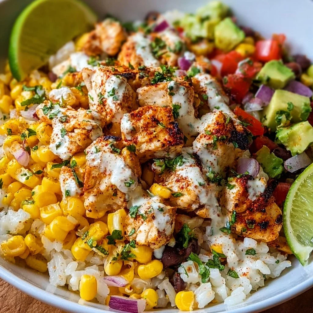 Easy Street Corn Chicken Bowl topped with fresh corn and herbs