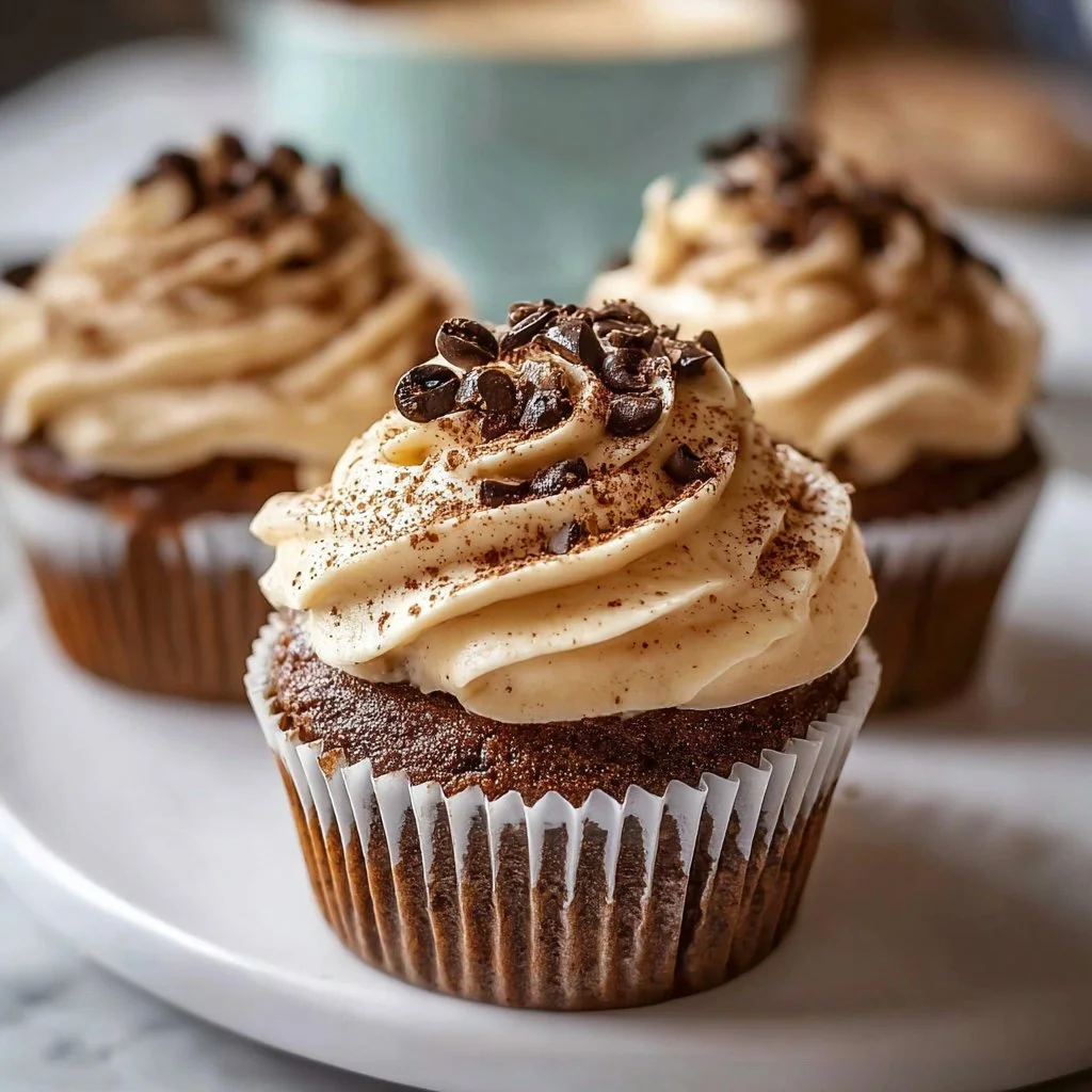 Delicious espresso cupcakes with creamy espresso frosting topped with coffee beans