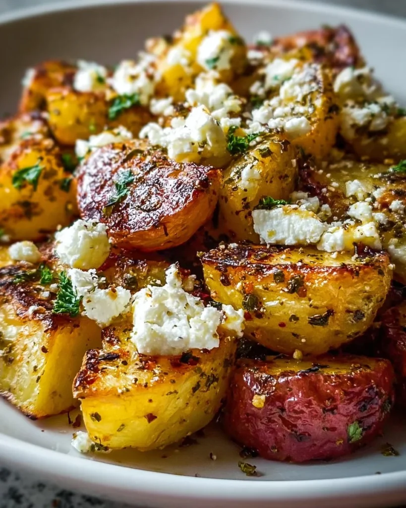 Feta topped Greek roast potatoes in a vibrant serving dish