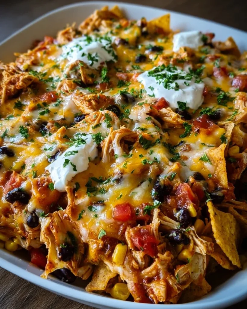 Fiesta Chicken Casserole Bake with vibrant toppings and a warm, cheesy finish.