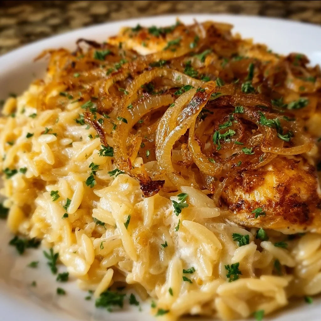 Delicious French Onion Chicken Orzo Casserole topped with melted cheese