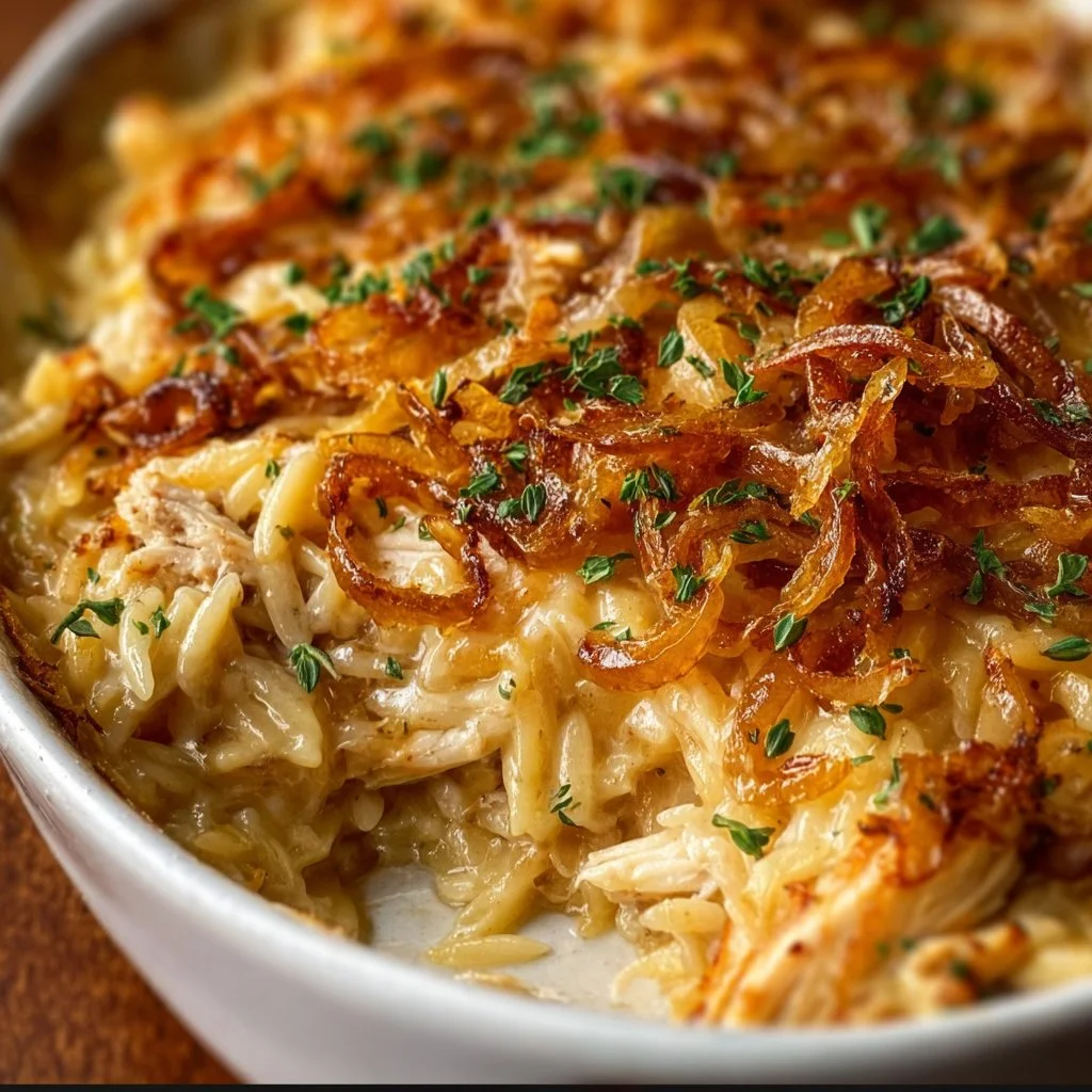 French onion chicken orzo casserole topped with melted cheese