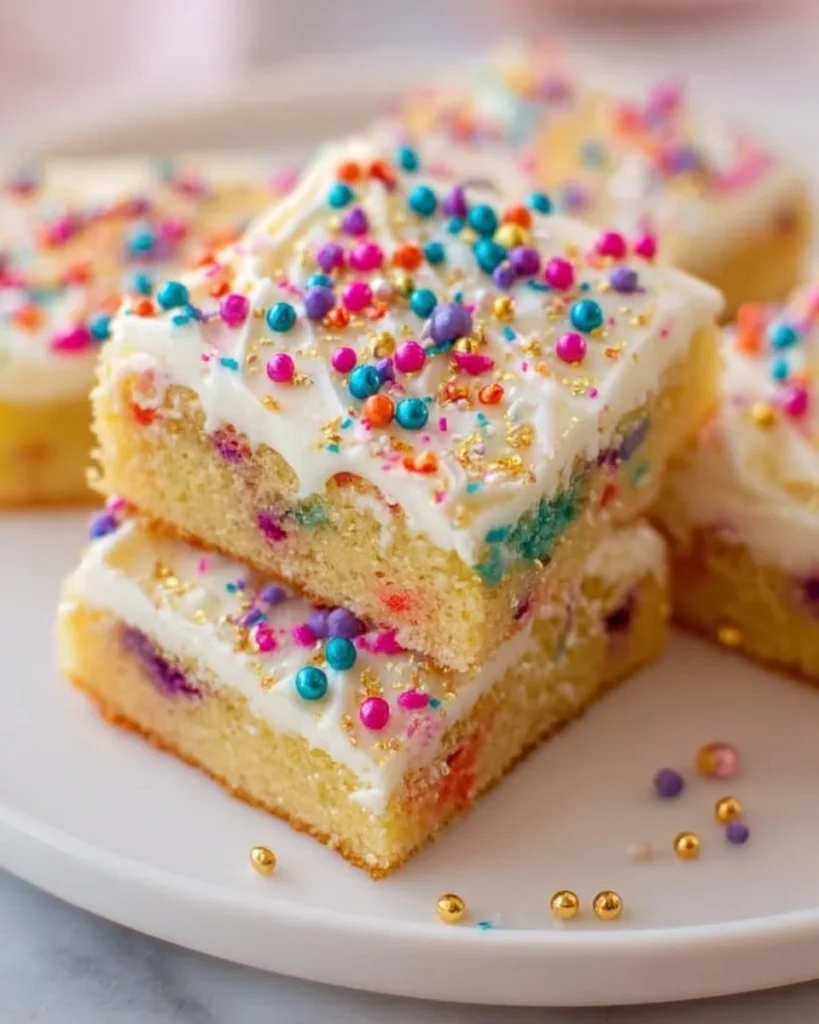 Frosted sugar cookie bars topped with colorful icing and sprinkles