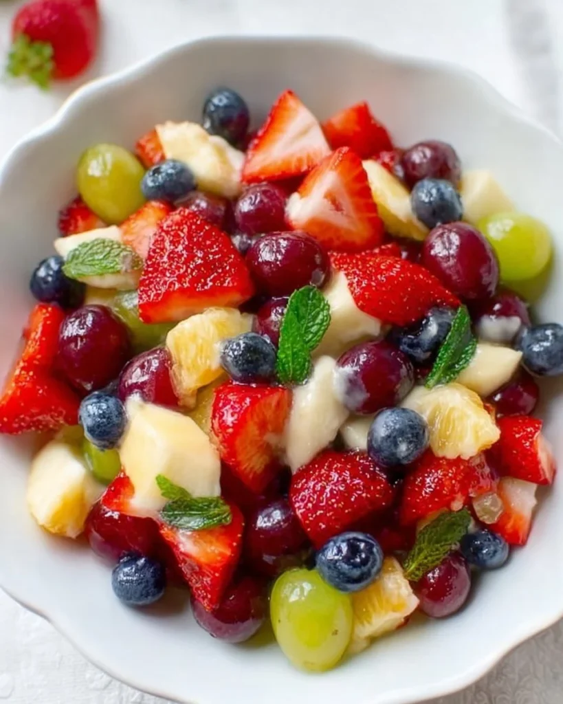 Colorful fruit salad topped with creamy vanilla pudding in a bowl.