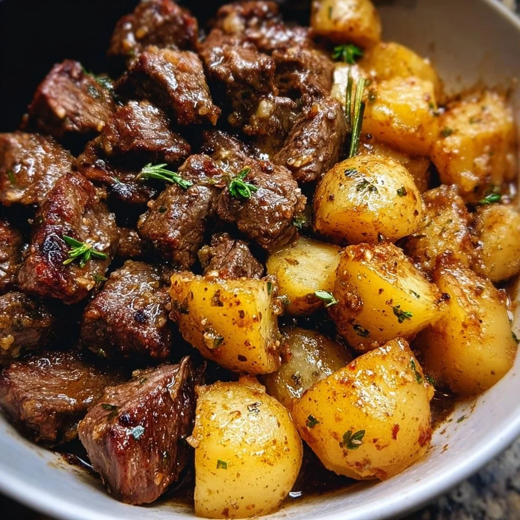 Delicious garlic butter beef bites served with roasted potatoes.