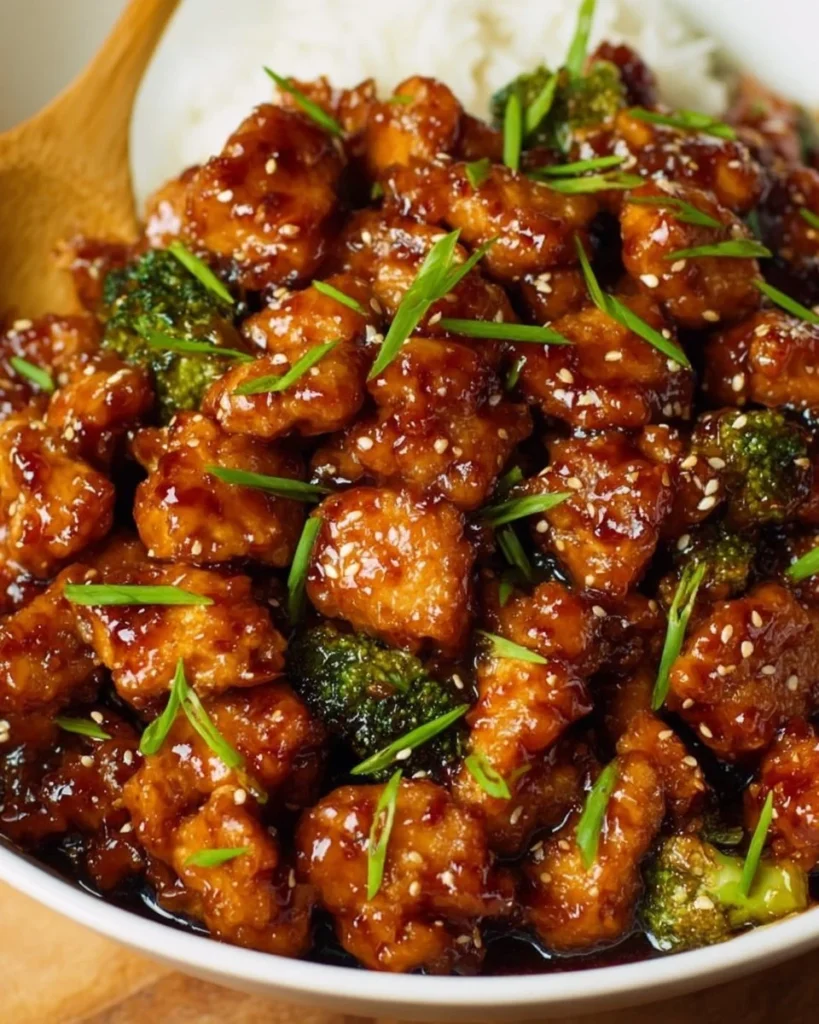 Delicious plate of General Tso's Chicken garnished with green onions and sesame seeds