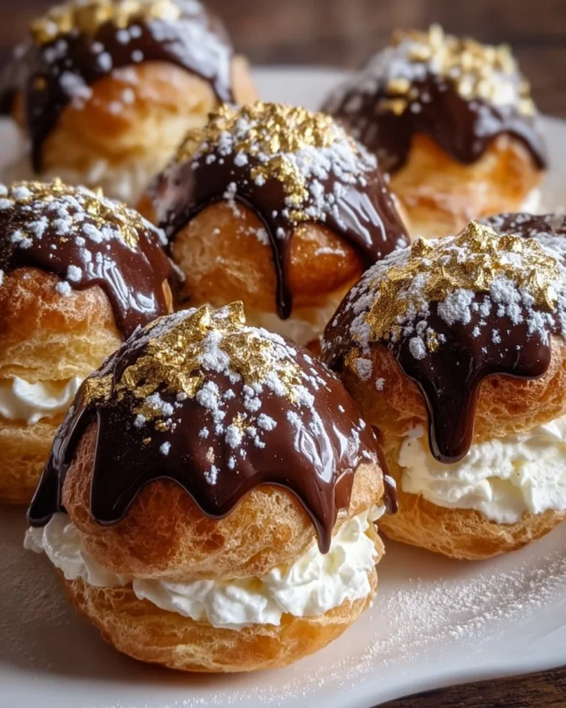 Gold dusted chocolate profiteroles served on a decorative plate